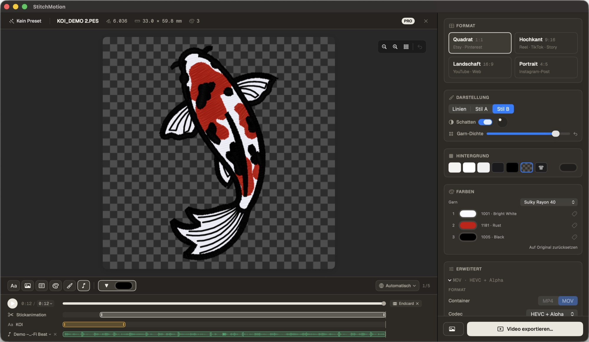 StitchMotion mit einem geöffneten Koi-Stickmotiv und den Export-Einstellungen