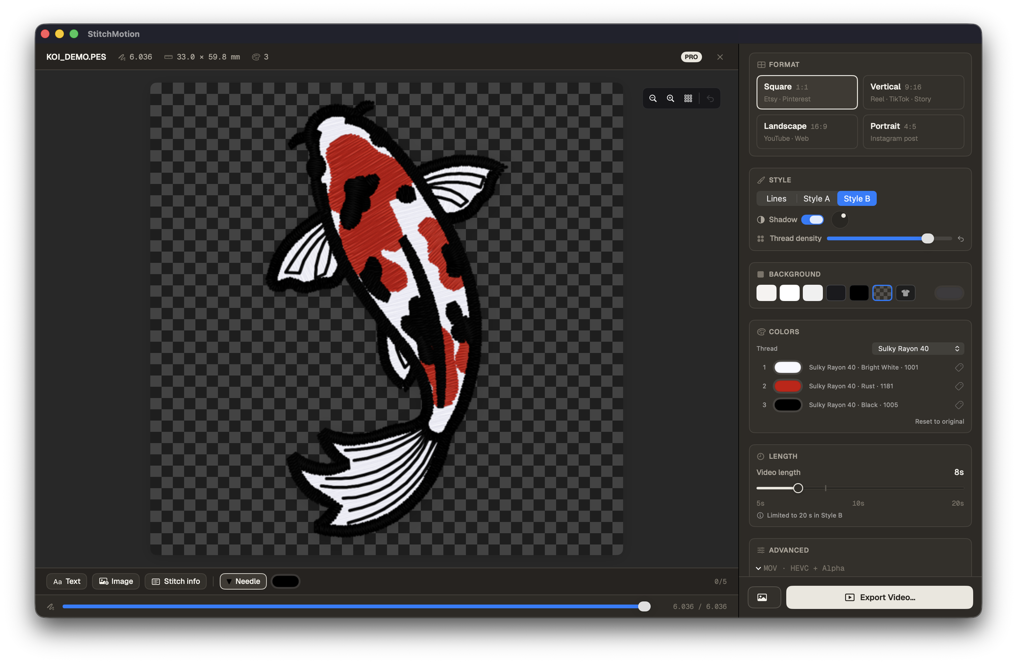StitchMotion with an open koi embroidery design and the export settings