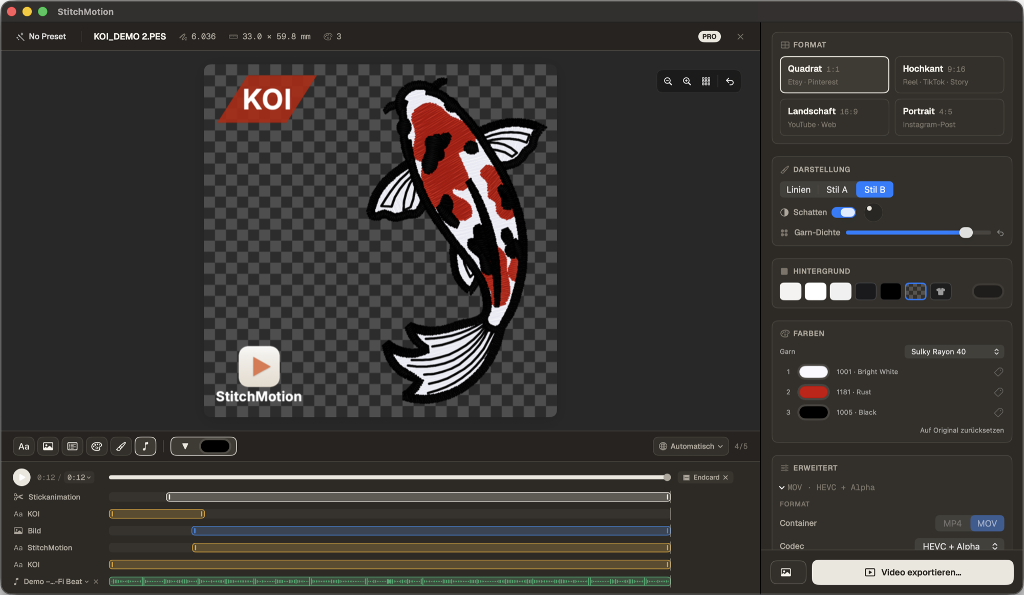 StitchMotion mit einem Logo-Overlay auf einem Koi-Stickmotiv