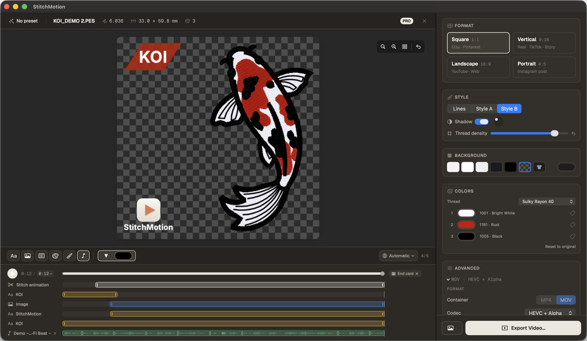 StitchMotion with a logo overlay on a koi embroidery design