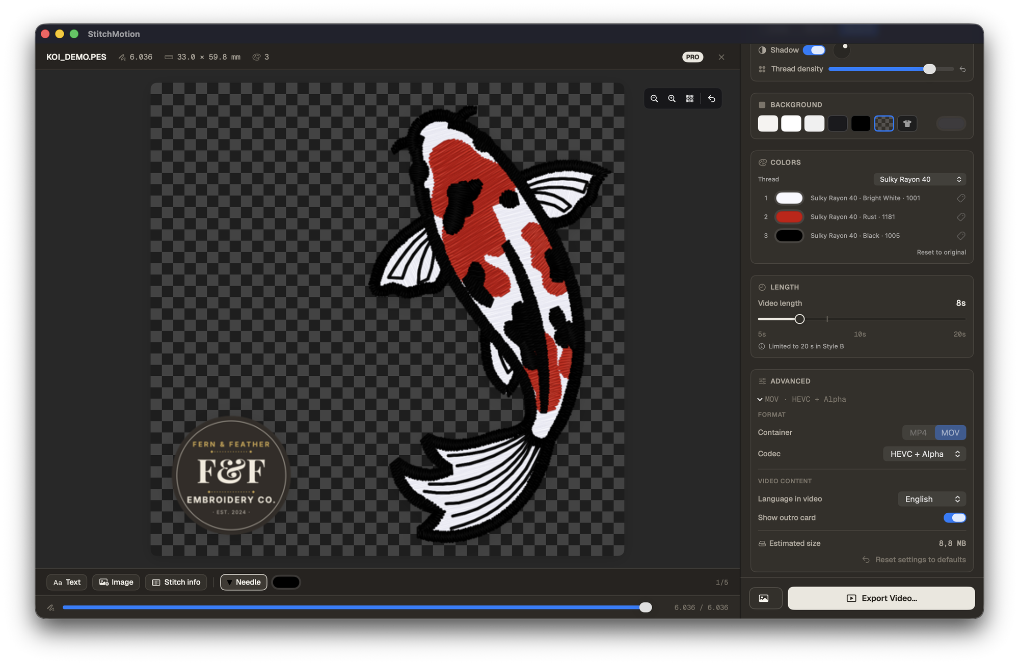 StitchMotion with a logo overlay on a koi embroidery design